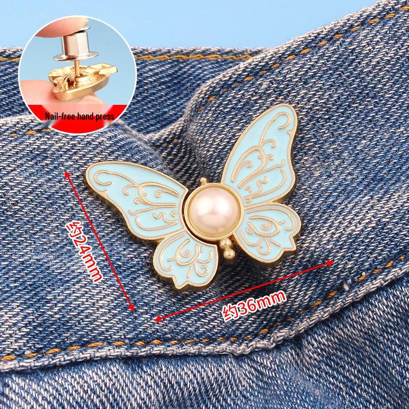 Butterfly Waist-Cinching No-Punch Jeans with Decorative Pearl Buttons