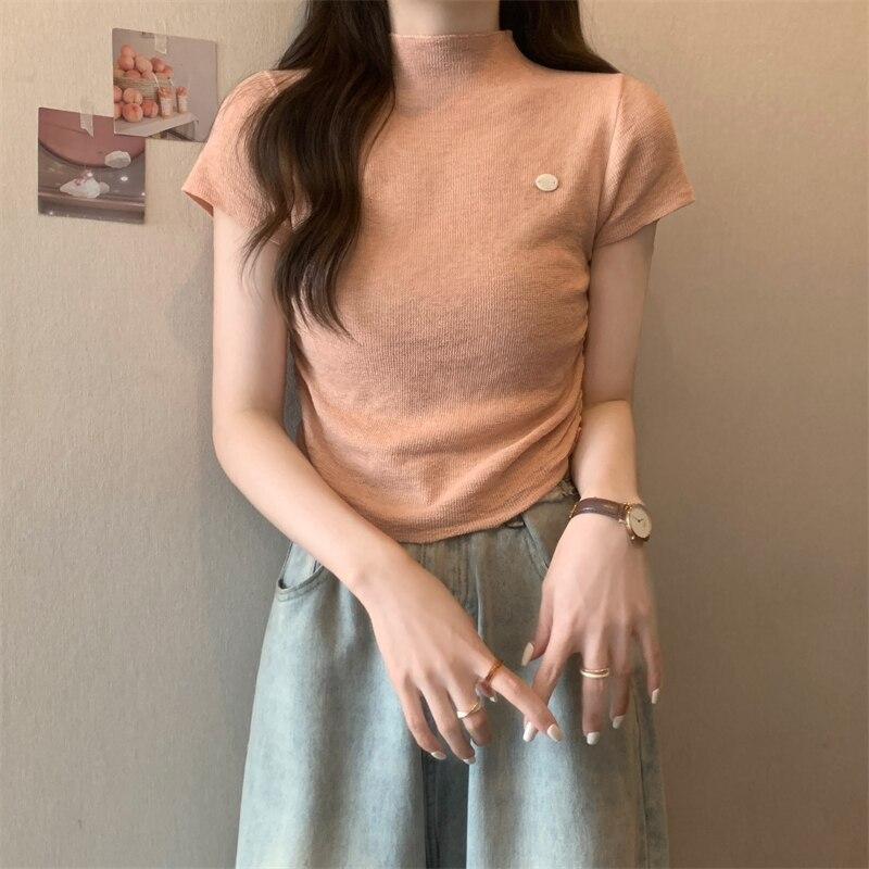 Camisa de Malha Slim Fit para Mulheres de Escritório Verão 2023 Tops Blusa de Manga Curta Gola Meio Alta Camisas Lisas Roupas Femininas 25250