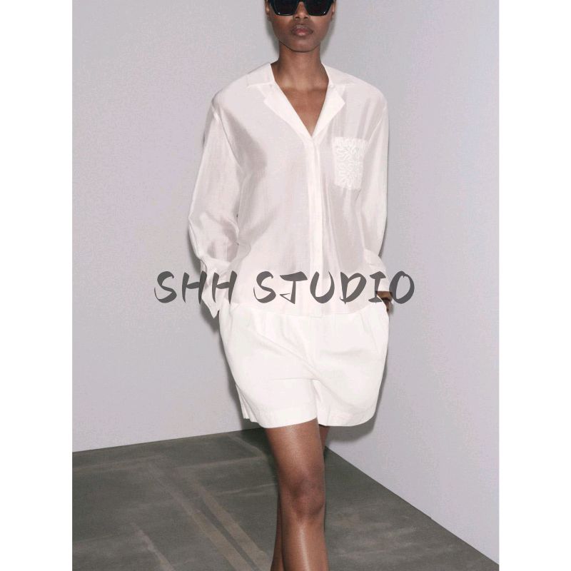 Autumn New Women's Clothing Minimalist Embroider Pocket Lapel Shirt Tops 4786079 4786179