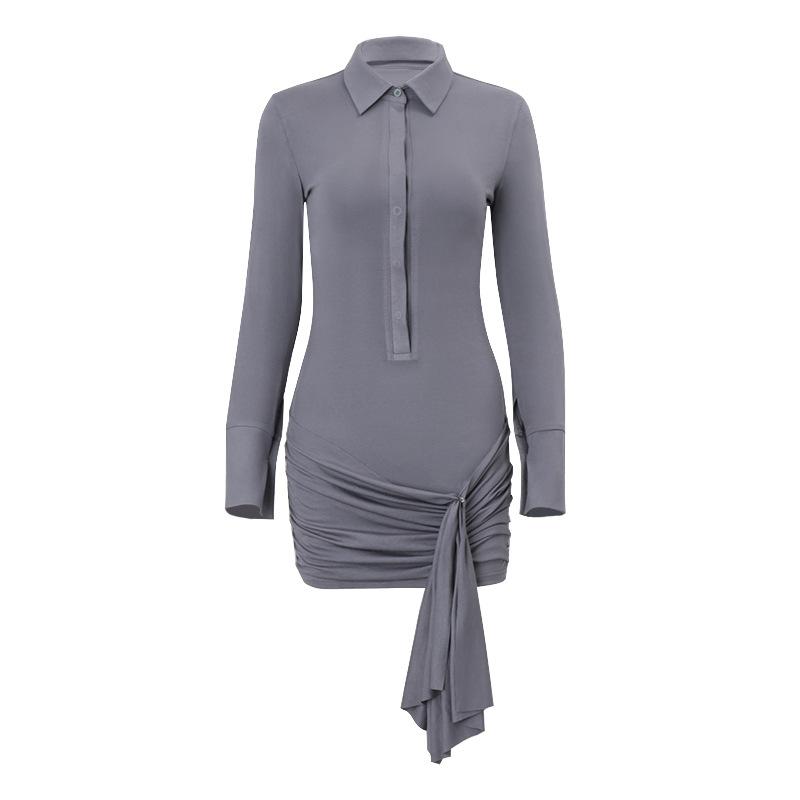 Autumn Women's Fashion Breasted Slim-fit Solid Color Long Sleeve Strap Wrap Hip Dress