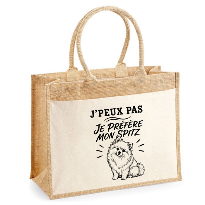 Sac Cabas Jute avec Poche J’peux pas je préfère mon Spitz J'peux pas minimaliste | Toile de Jute et Coton 21 L Fond Plat Anses 65