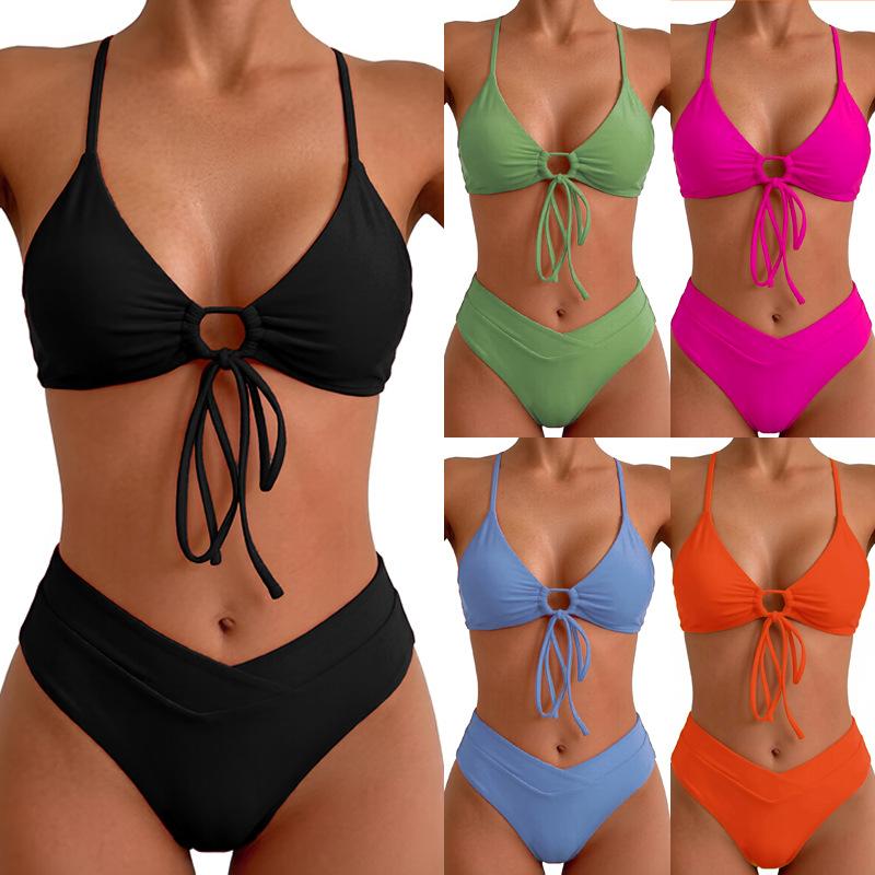 Solid Tie Side Sexy Two Piece Bikini Swimsuit Comfortable Elegant For Summer Vacation
