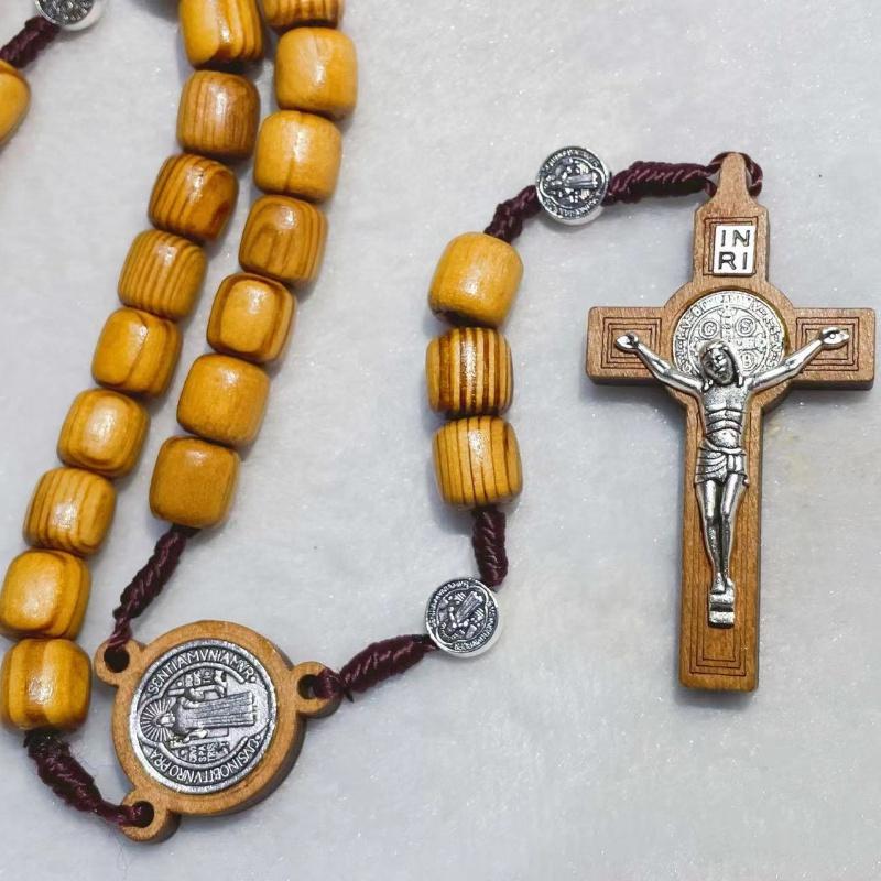 Rosario in Legno d'Olivo Collana Cattolica Medaglia di San Benedetto Crocifisso Croce Regalo Donne Uomini Cattolico