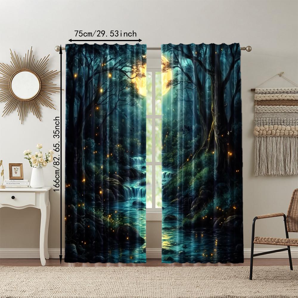 2 Stück, vielseitige transparente Polyestervorhänge zur Heimdekoration Wald Mond Bach Szene zur Verwendung in Schlafzimmern und Wohnzimmern