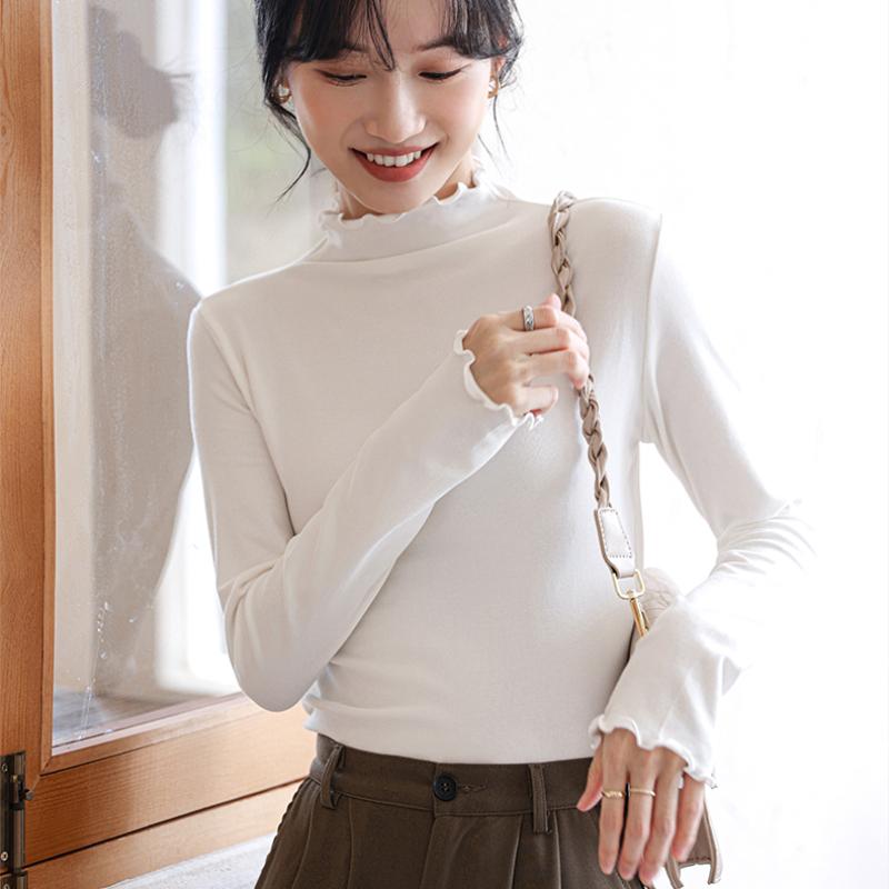 Tricou de bază cu guler înalt pe jumătate cu bordură ondulată Femei Primăvară Toamnă Modal Slim Fit Mânecă Lungă Tricou Dama Topuri Casual Elegante Femeie Tricouri Albe 25424