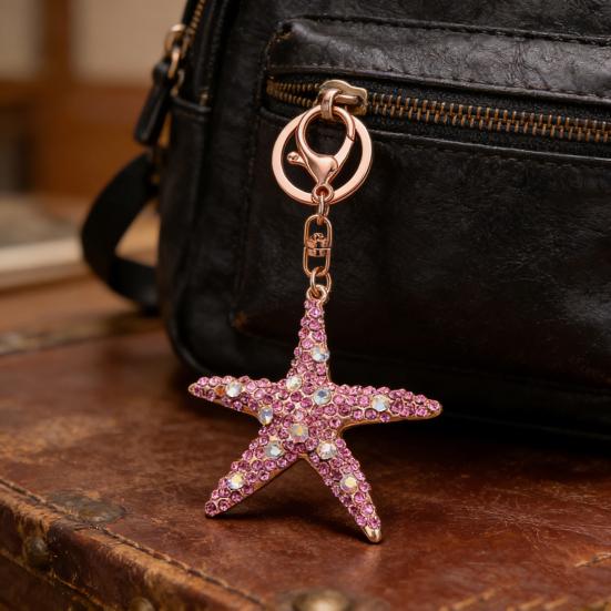 Keychain Sparkling Rhinestones Inlaid Starfish Design Keychain Pendant Enamel Oil Drip Process Smooth Edges Spring Buckle Key Holder Backpacks