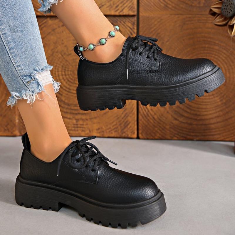 Women's Round Toe Lace-Up Chunky Heel Leather Shoes, Thick Sole Retro Casual Flats, Plus Size Fall Footwear