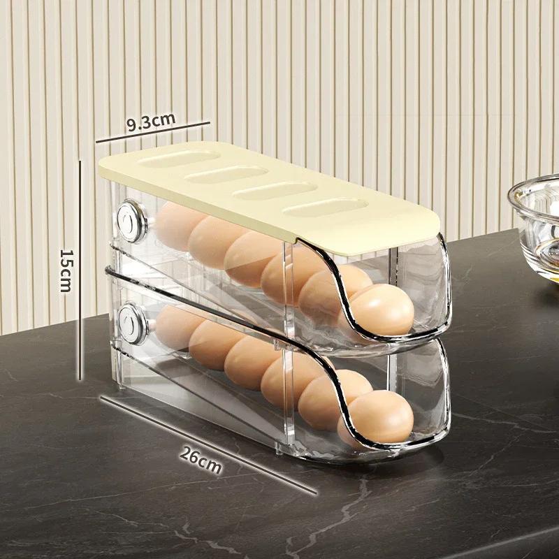 

2-слойный выдвижной ящик для хранения яиц, холодильник, кухонное хранение, автоматический вращающийся ящик для яиц, аксессуары для домашней кухни, органайзер