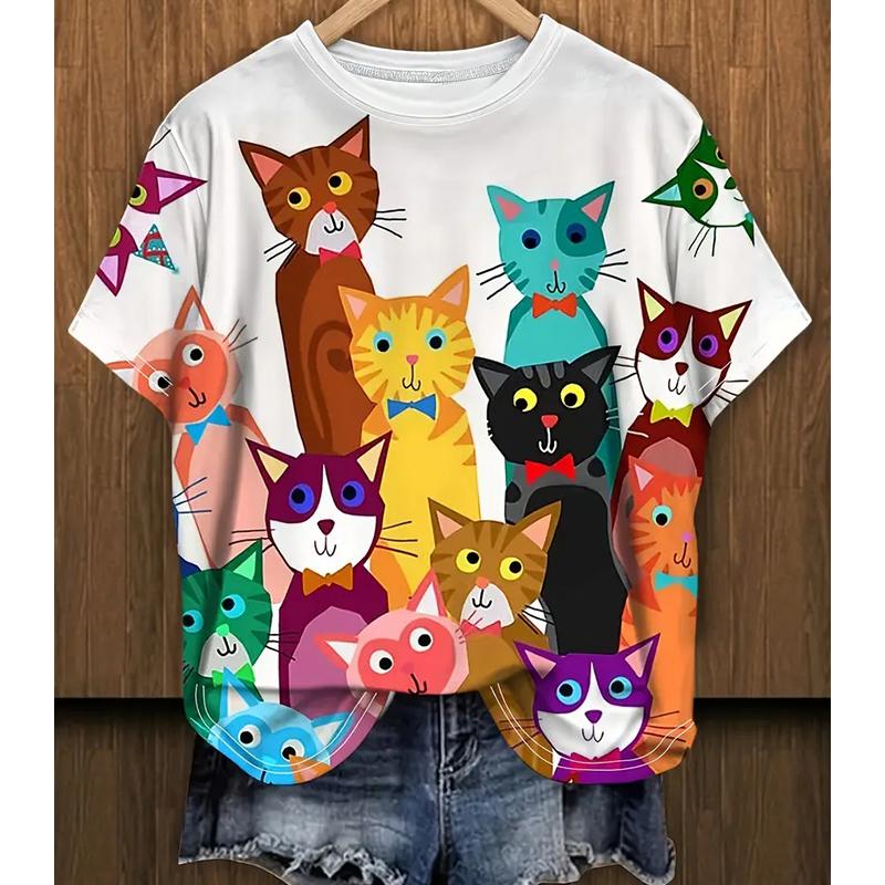 

Жіноча літня футболка Ретро мода Футболки з коротким рукавом Повсякденні Топи з принтом кошеняти XS помаранчевий