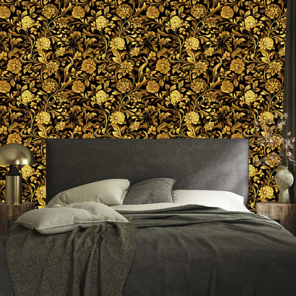 Golden Hibiscus Ochre Wallpaper, Ochre Medium for Living Room and Bedroom 50x1000