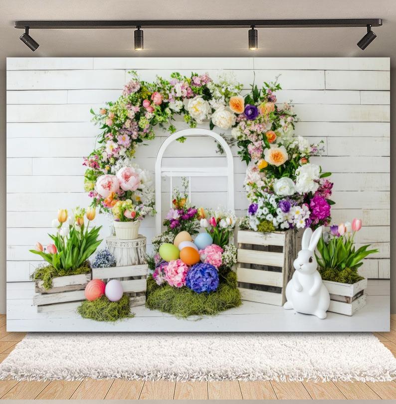 Spring Easter Photography Backdrop Wood Board Flowers Rabbits Eggs Kids Birthday Baby Shower Spring Party Decor Photo Background
