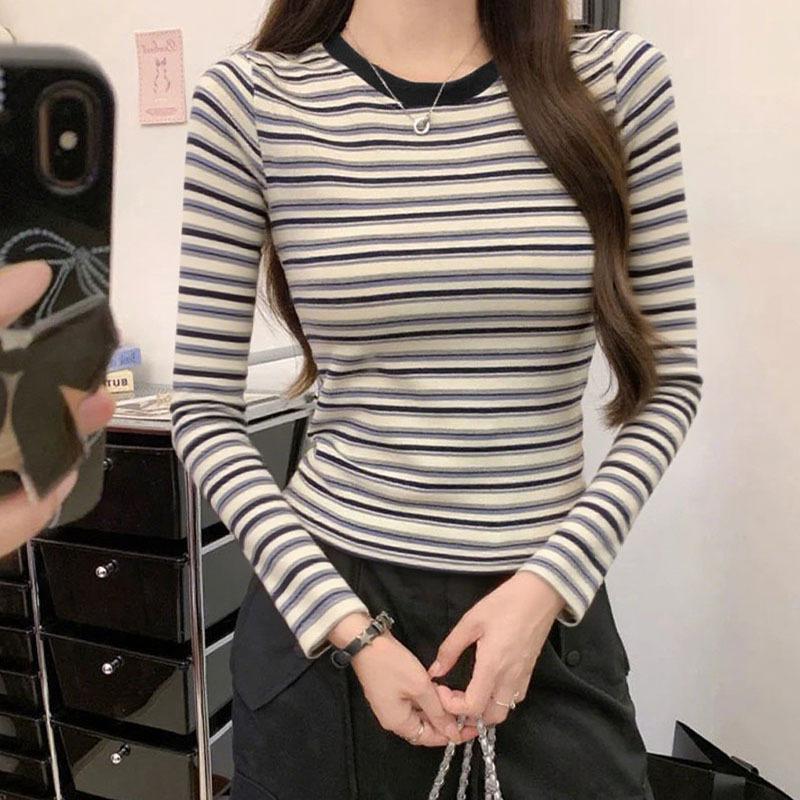 Spring Autumn Winter Retro Color Block Stripe Long Sleeve Top Women Daily Commute Slim Versatile Tee