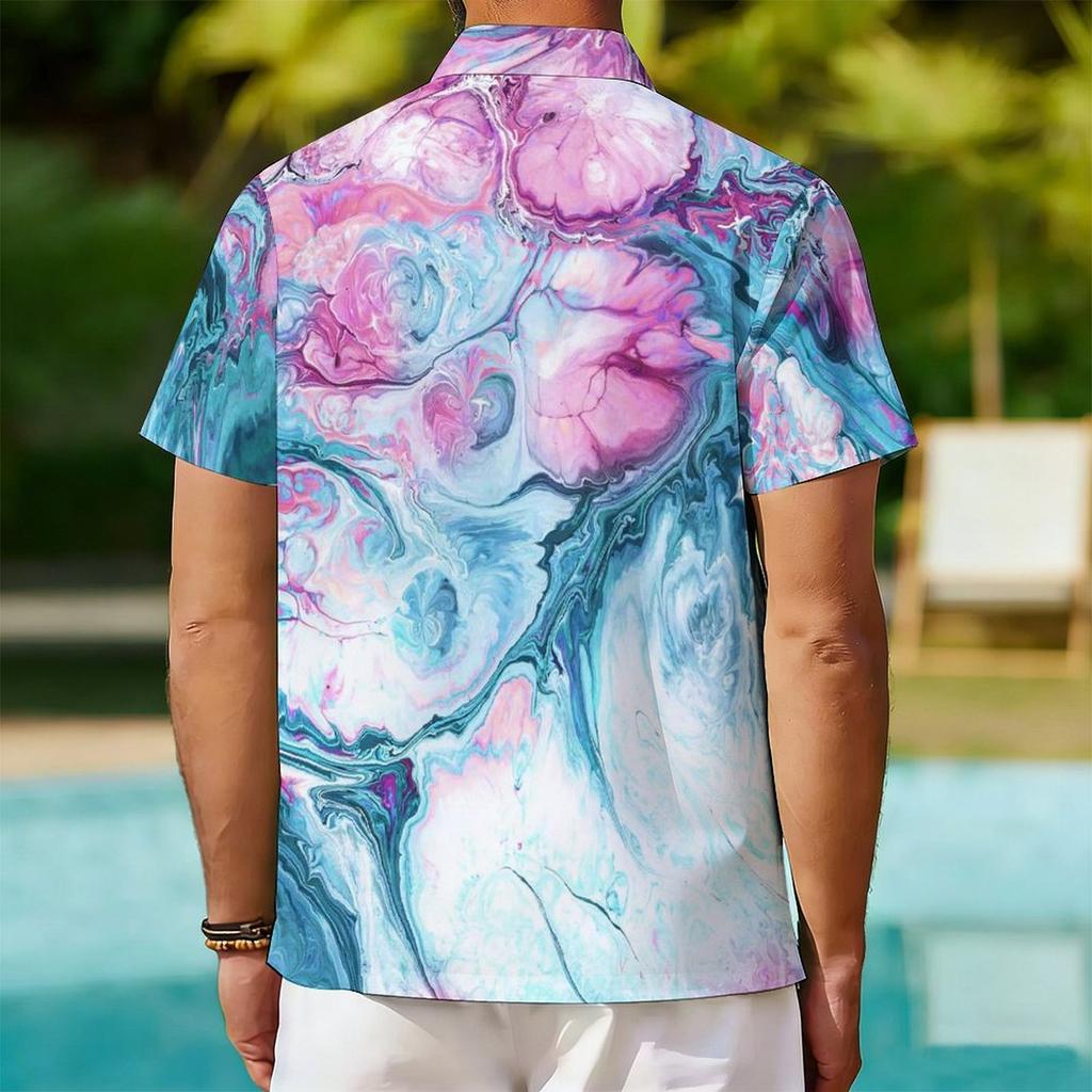 Women Short Sleeve Shirt Blue Pink White Marble Swirl Abstract Print Lapel Button Up Top
