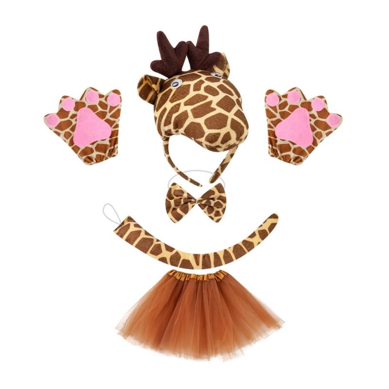 1/3/4/5Pcs Kids Girls Giraffe Costume Accessories Set Giraffe Ears Headband Bowtie Giraffe Tail Tutu Skirt for Animal Party