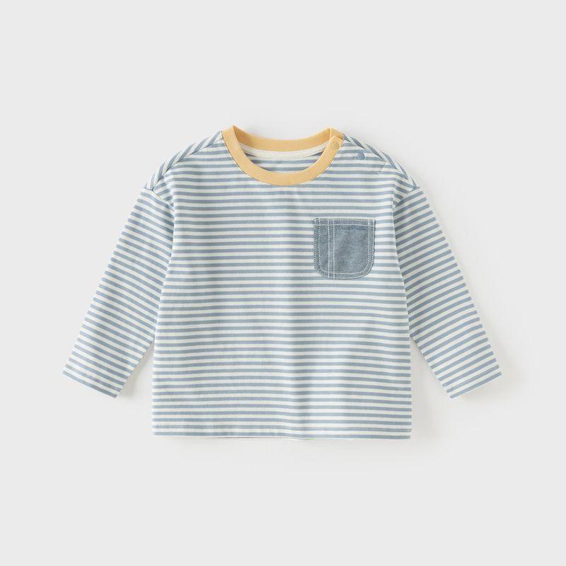David Bella Boys  Pure Cotton T-Shirt Baby Class a Base Shirt 2026 Spring New Children s Long-Sleeve Striped Top Blue and White Stripes [Ready in Stock] 130