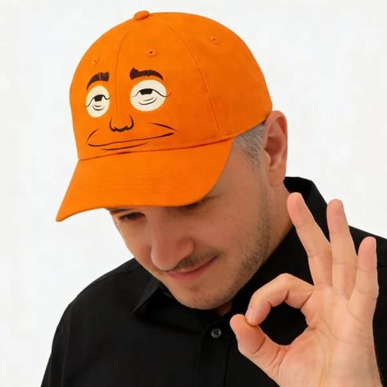 Expressionless Orange Face Golf Hat Extended Brim Adjustable Fit Baseball Cap Cartoon Design Casual Outdoor Hat