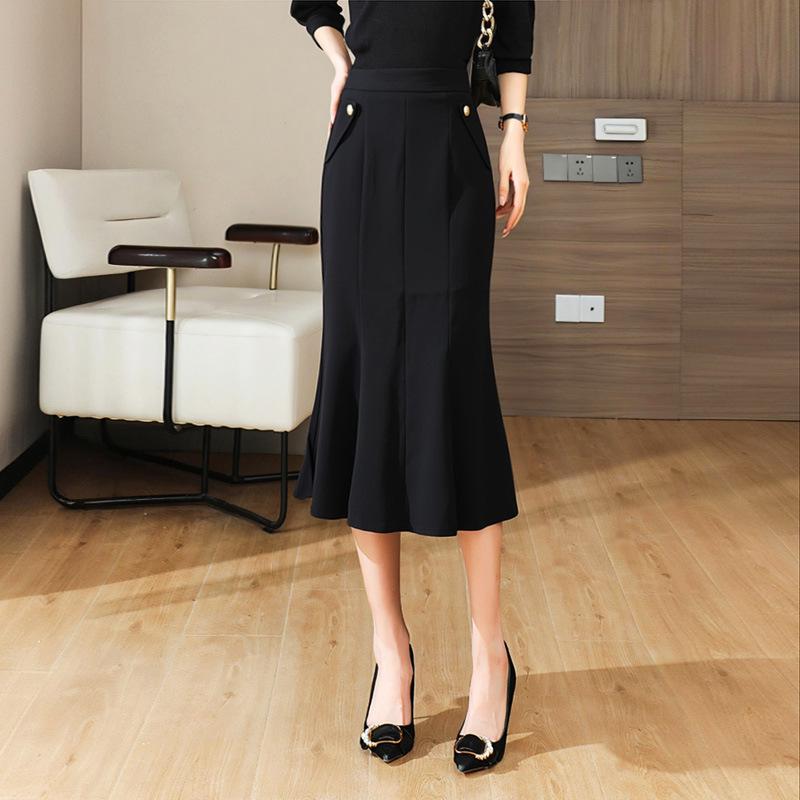 Feimengyi Women s Black Fishtail Skirt - Winter, High Waist, Mid-Length, Formal Commuting Wear S чёрный