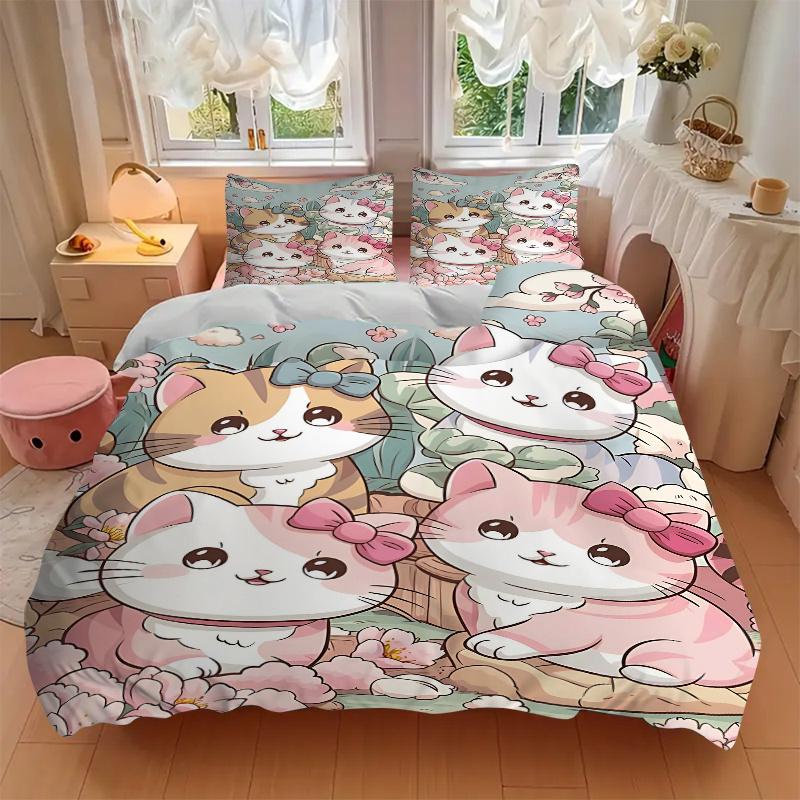 3pcs Cartoon Cute Four Kittens Printed Duvet Cover Set (1 * Cover+2 * Pillowcase, Without Core), Suitable for Home Bedroom, Guest Room, Dormitory