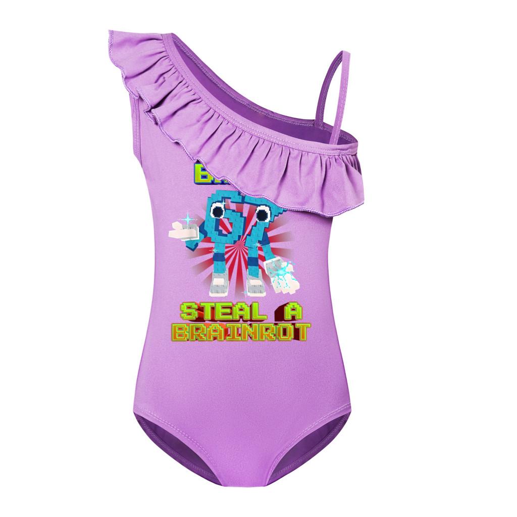 

5194 Дитячий Дівчачий Мультяшний Вкрасти Мозок 67 Шість Сім Принт Волан Купальник Плавання Суцільний Боді Купальний Костюм 120cm