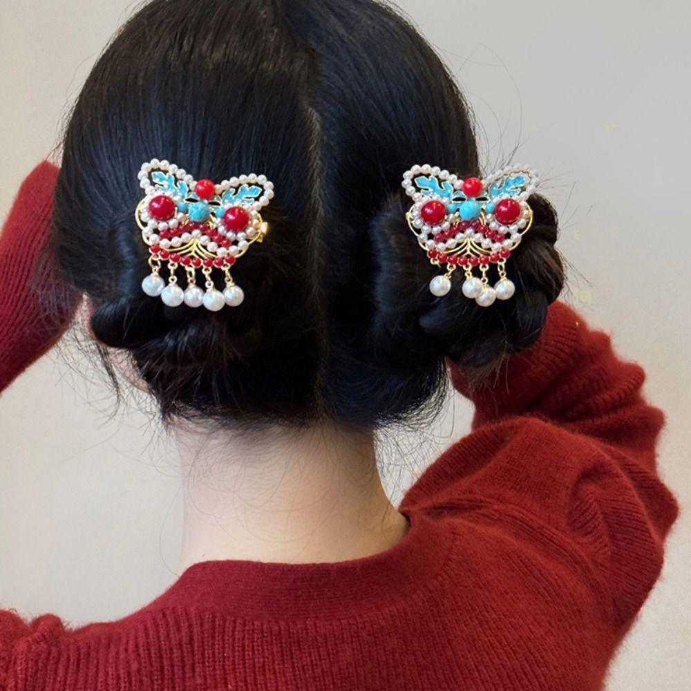 Plush Lion Dance Hairpin Cloth Hanfu Hair Clip Sweet Red Velvet Bow Hairpin  Girls