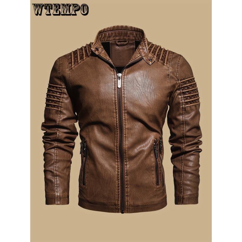 Men's Solid Color Retro PU Leather Jacket-Multi-pocket Street Stylish Classic Bomber JacketSuitable for Casual Wear, Perfect Gift for Fashionable Men
