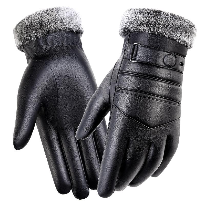 Warm Leather Gloves Men's Outdoor Skiing Cycling Cycling Piled Thickened Washed Leather Winter Touch Screen Gloves