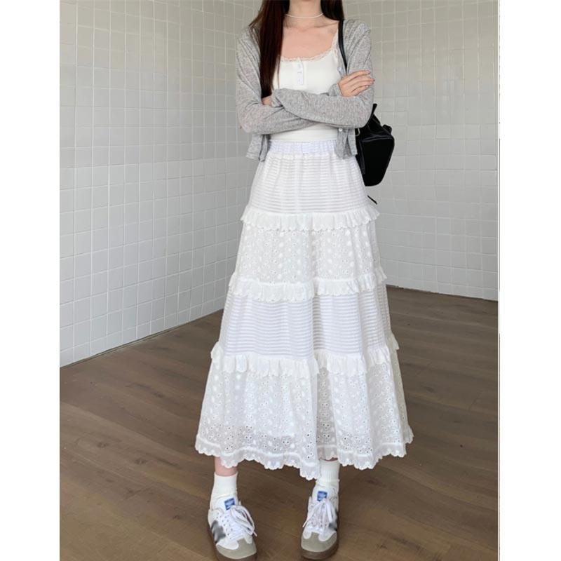 Lace White Long Skirt for Women Spring Summer High Waist A-Line Skirt Sweet A Line Cake Midi Skirts Y2k Female Clothing