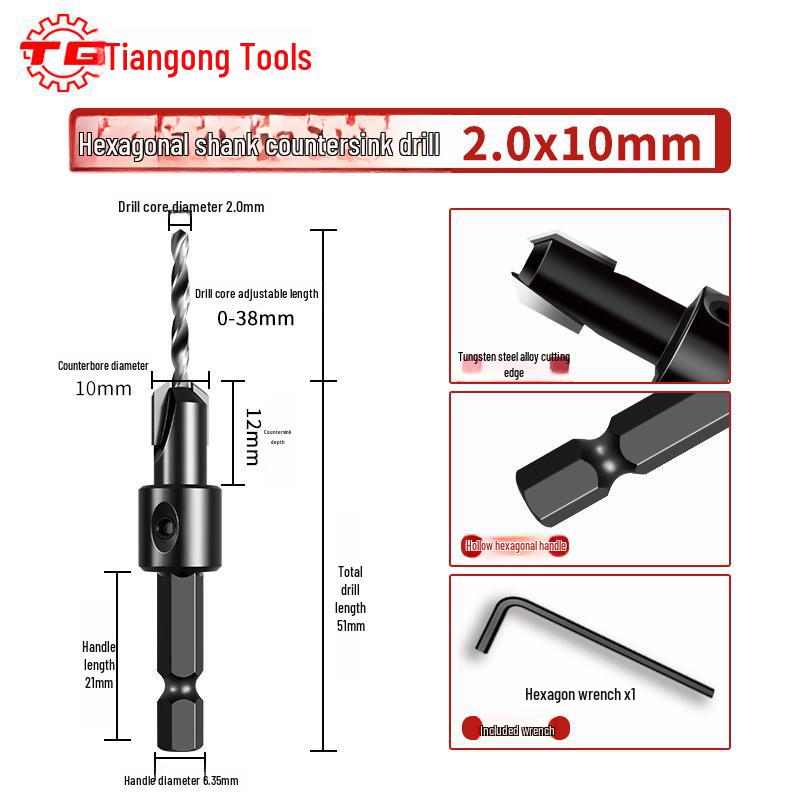 Tiangong Hex Shank 90° Countersink Drill Bit for Flat Bottom Self-Tapping Screws