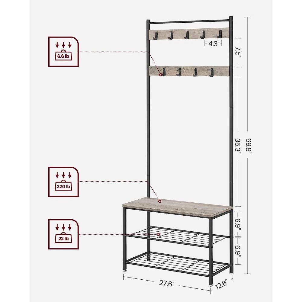 Coat Rack Hall Tree with Shoe Storage Bench Entryway Bench with Shoe Storage for Entryway Greige and Black