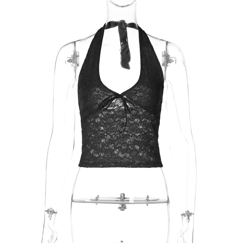 Shemoda Fashion Ins Style Sexy Cutout Backless Lace V-neck Patchwork Decorative Flower Halterneck Vest Tops Women's Clothing