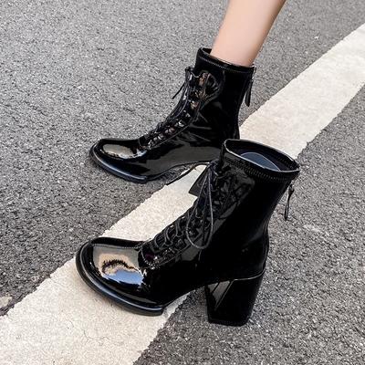 Mode 2024 Winterschuhe für Damen Basic Damenstiefel mit Reißverschluss hinten PU Mid-Calf Stiefel Damen Nähen Runde Zehenpartie Schnürschuhe High Heel Schuhe Damen