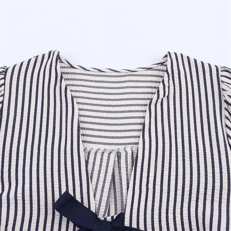 2025 Women's Autumn European & American Bow Striped Short-Sleeve Top 1165057