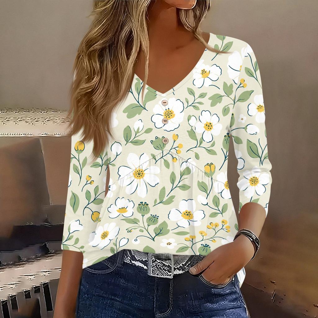 Womens 3/4 Sleeve V Neck Button Detail Floral Print Tunic Top Casual Lightweight Blouse for Daily Wear