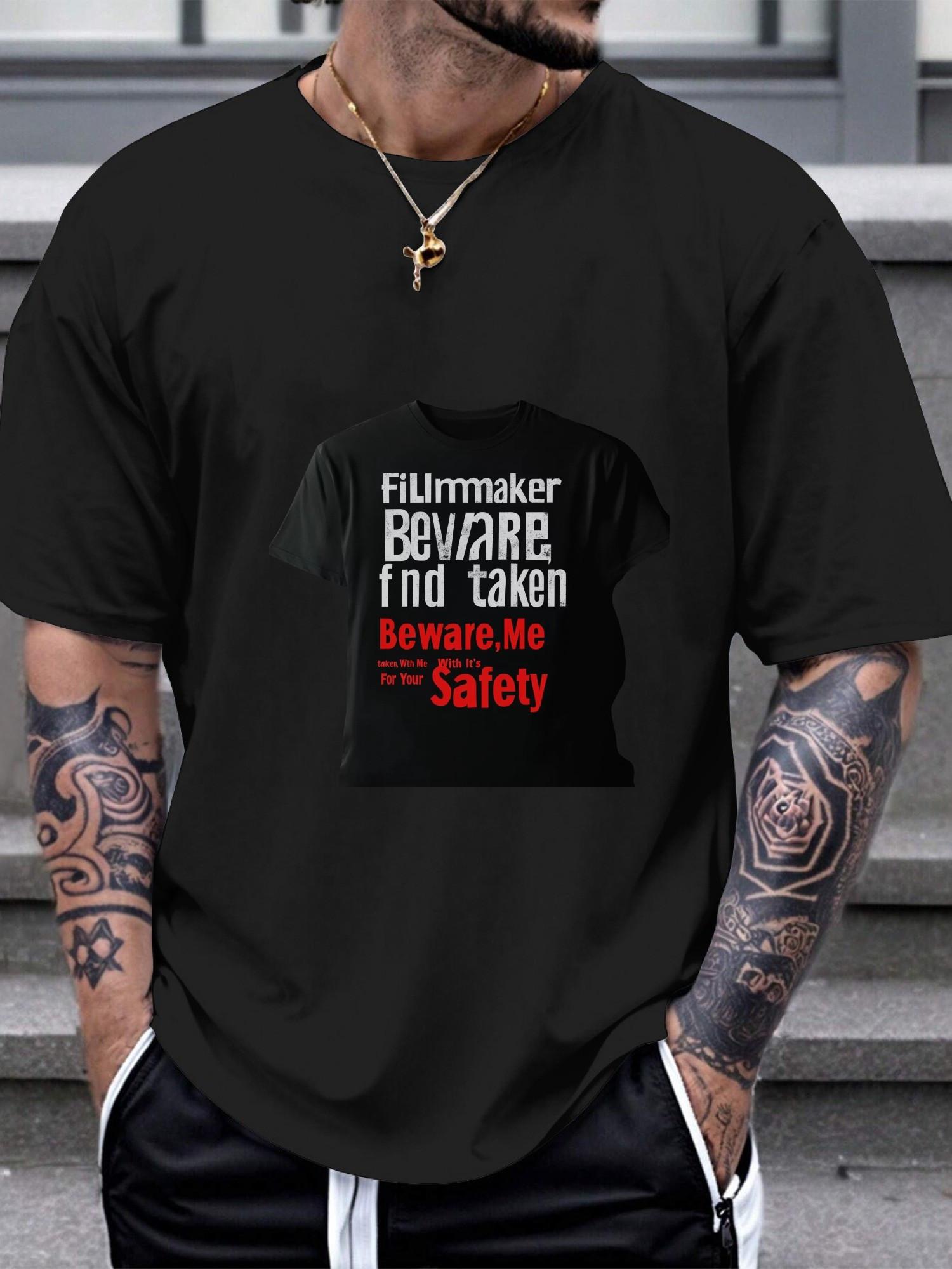 1pc Edgy Graphic Black T-shirt with Bold Filmmaker Beware Warning Sign Design XXXXL