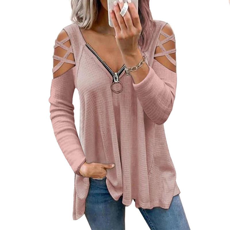 

2025 Европейский и американский осенний женский кроссовер с открытыми плечами, однотонный топ с V-образным вырезом на молнии, свободный, с длинным рукавом M розовый