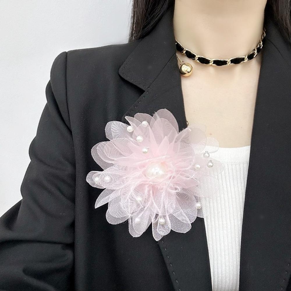 Fabric Lapel Pins Chiffon Feather Mesh Beads Pin Retro Large Flower Brooches