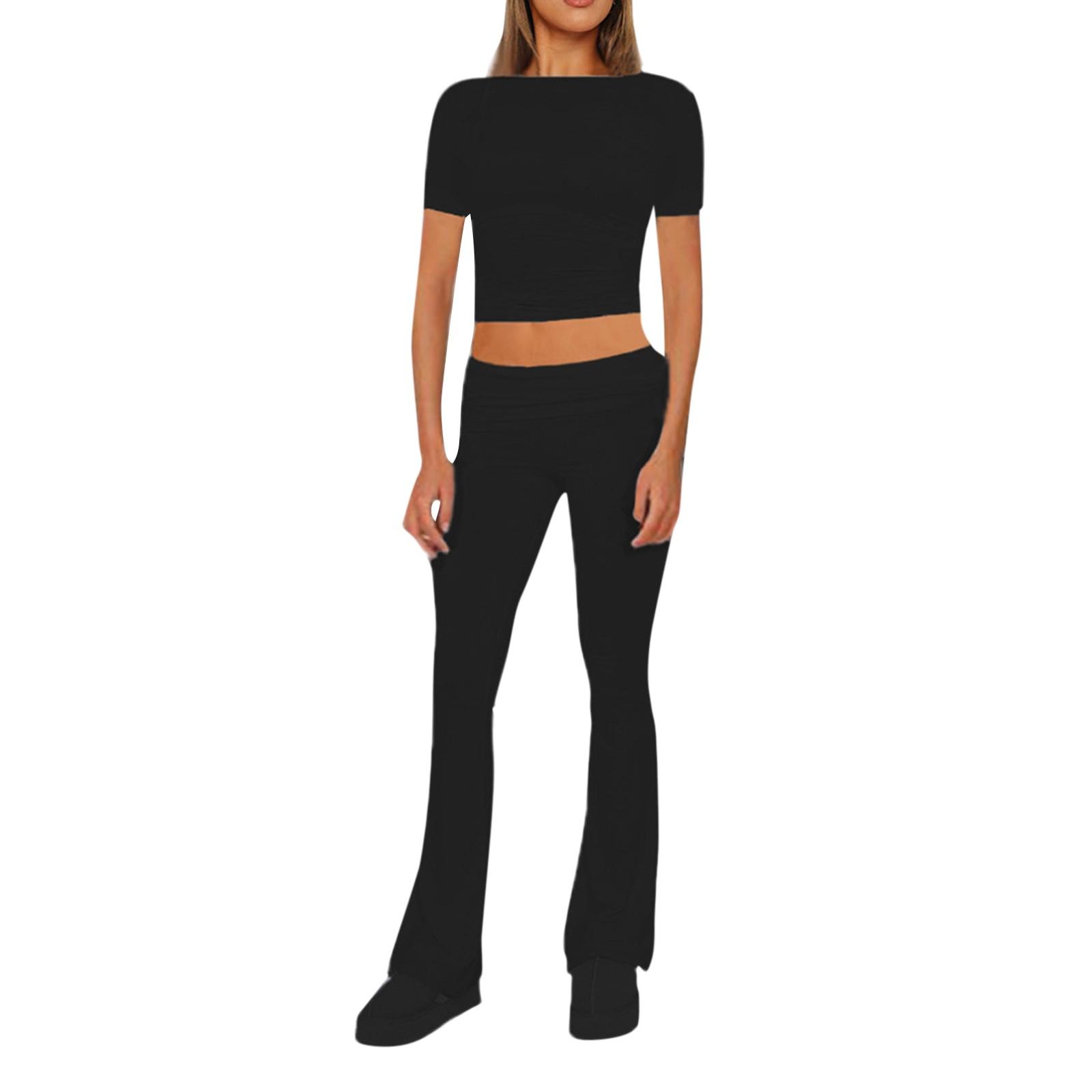 

Женский модный однотонный комплект с круглым вырезом и короткими рукавами, широкие брюки XL чёрный