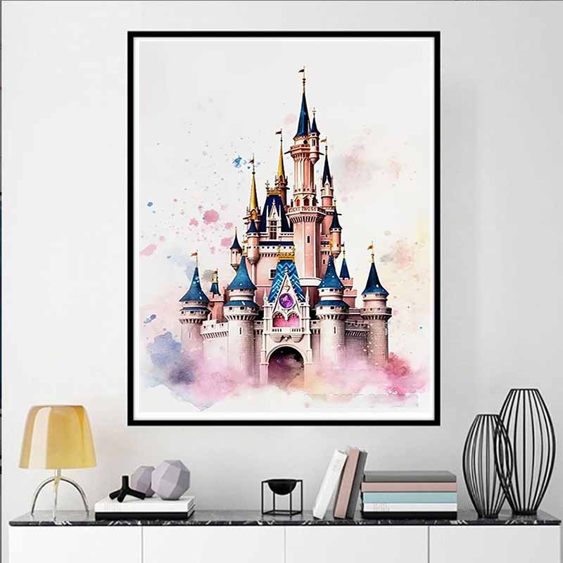 Disney Diamond Painting 5D Watercolor Disney Castle Illustration DIY Gift Suitable for Living Room Bedroom Office and Home Decor