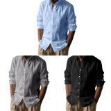 Camicia Casual da Uomo in Lino e Cotone a Manica Lunga con Collo Henley Traspirante per l'Estate