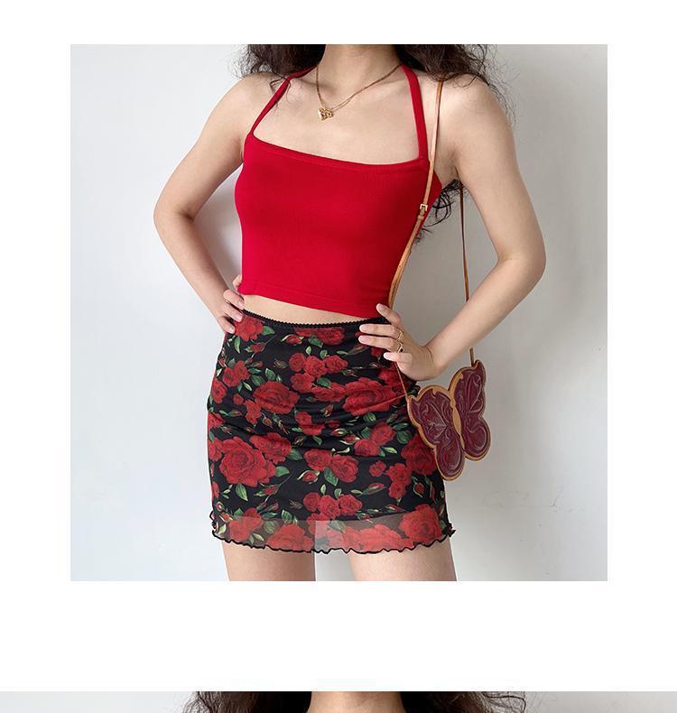 American Spicy Girl Rose Print Mesh High-Waisted Bodycon Mini Skirt for Women