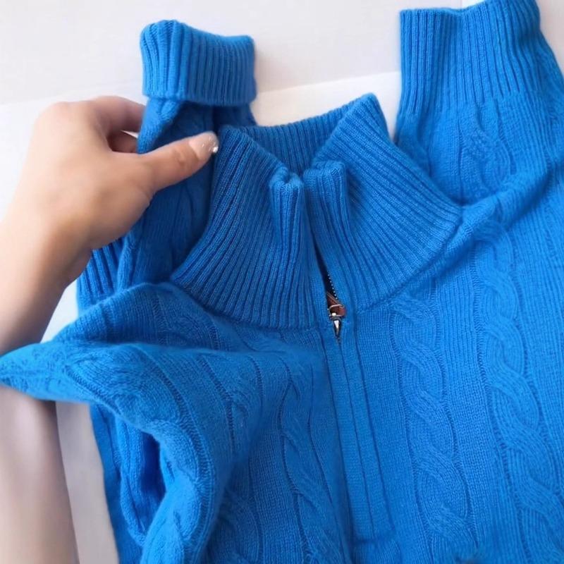 High-end blue half-zipper wool sweater women's clothing autumn and winter new loose casual age-reducing half-turtleneck slim top