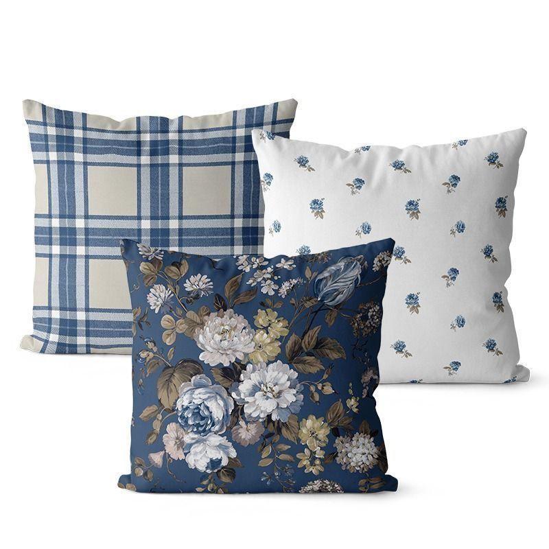 Față de pernă pătrată din poliester cu model retro albastru și alb, husă decorativă pentru pernă de canapea living, față de pernă pentru noptieră dormitor