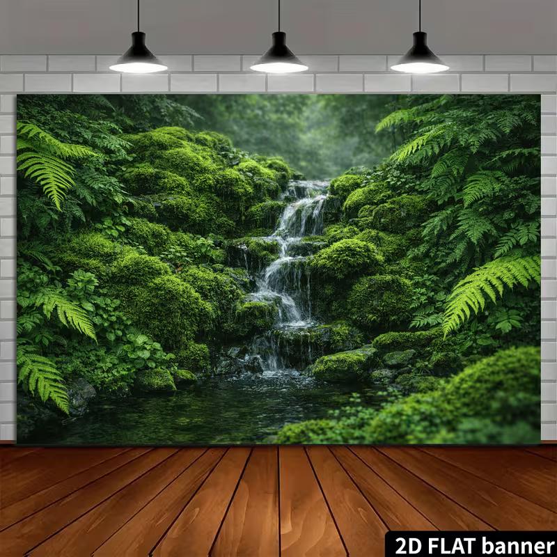 2D Enchanted Mossy Waterfall in Tropical Forest Backdrop Photo Background