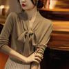 Autumn Winter Solid Color Bow Lace Up Sweater Ladies Loose Casual All-match Knitting Pullover Top Women Elegant Fashion Jumpers