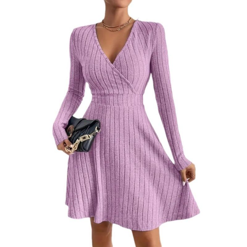 

Женское трикотажное облегающее сексуальное облегающее платье с V-образным вырезом и длинными рукавами, однотонное повседневное платье-свитер средней длины XXL фиолетовый