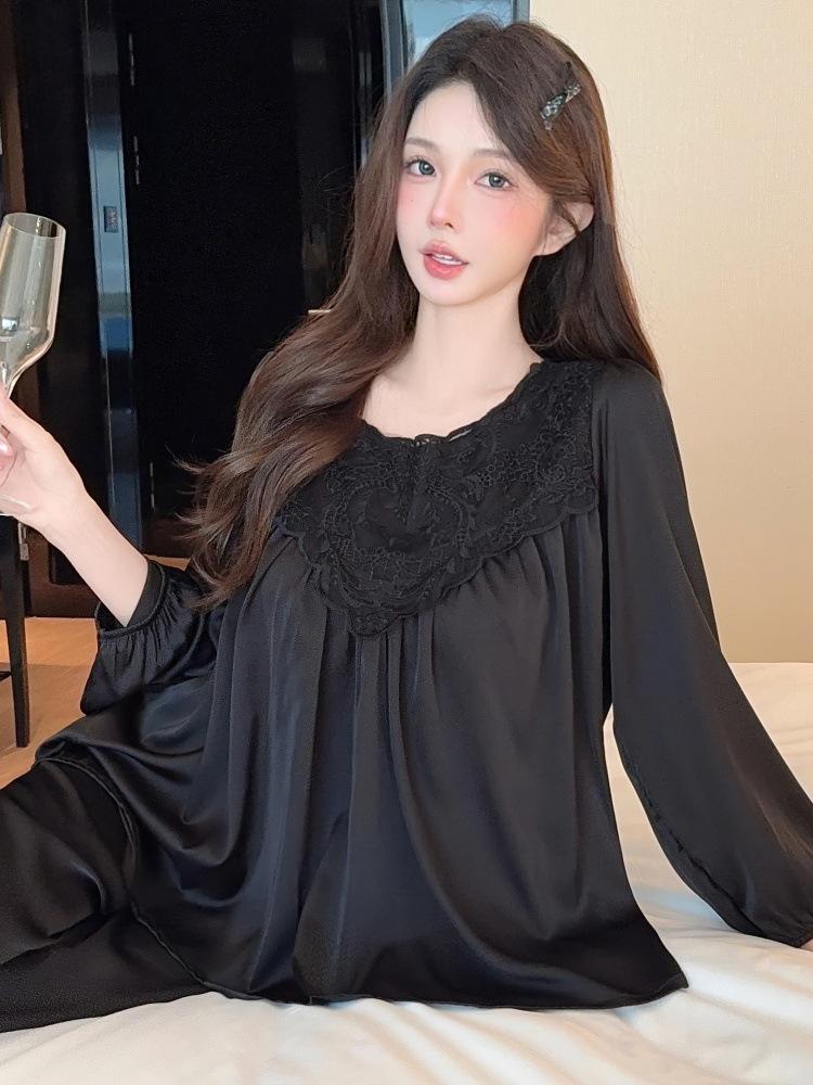 Ice Pure Maiden: Sweet Princess-Style Lace Pajamas - Long Sleeve, Light Luxury Ice Silk for Spring & Autumn