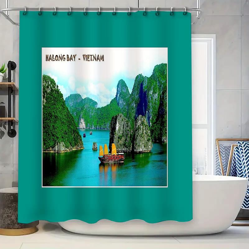 

Vietnamese Ha Long Bay Scenery Shower Curtain Tropical Ocean View Bathroom Decor Waterproof Vintage Landscape Backdrop W60H190(CM)-1 Pcs