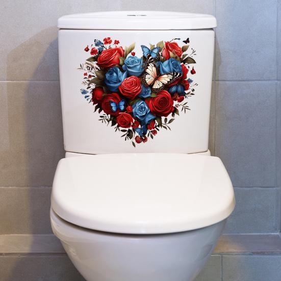 Valentine's Day Toilet Sticker Rose Flower Heart Shaped Toilet Lid Tank Decals Self-Adhesive Waterproof PVC Bathroom Wall Sticker