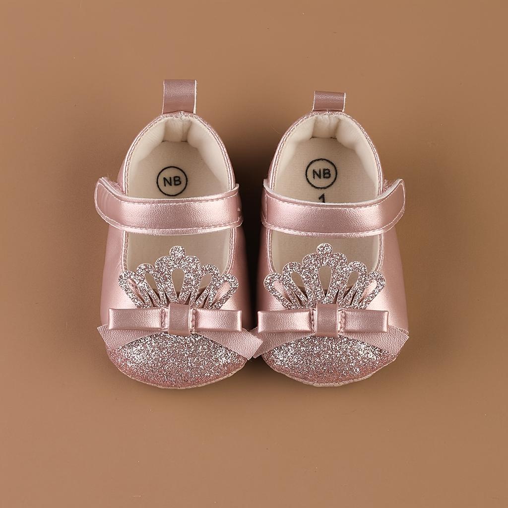 Flat Crown-Patterned Princess Shoes for Newborn Girls Aged 0-1, Featuring a PU Butterfly Knot And Glittery Design, Perfect for Spring And Summer