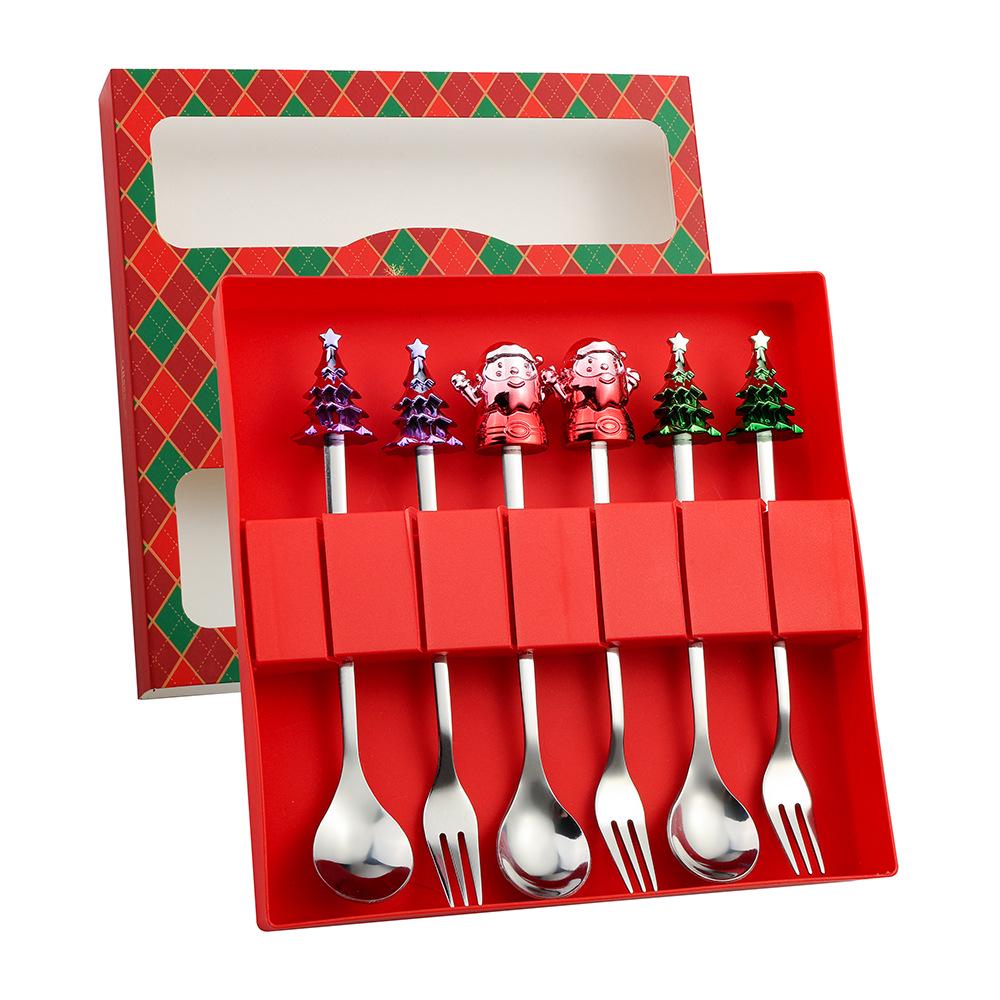 Cartoon Santa Claus Christmas Tree Coffee Dessert Spoon & Fork Gift Set